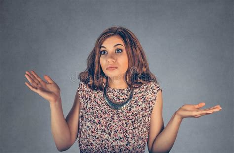 Woman Puzzled Shrugging Shoulders In Confusion Stock Image Image Of Floral Curly