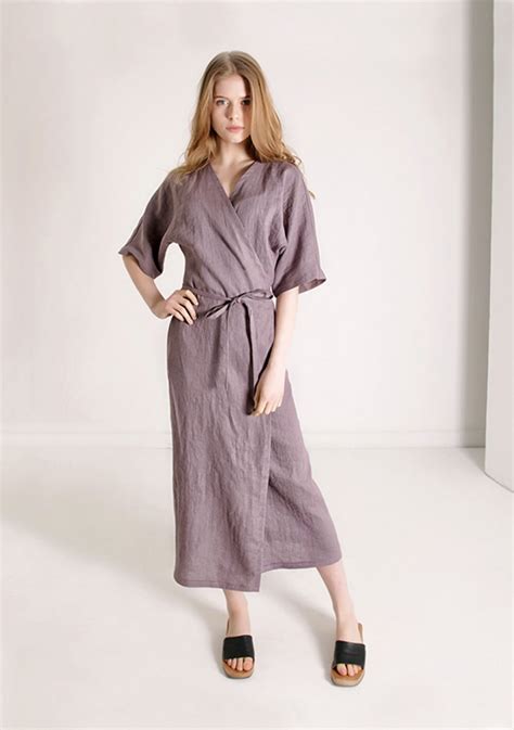 Linen Calf Length Wrap Dress Savannah Linenhandmadestudio Com