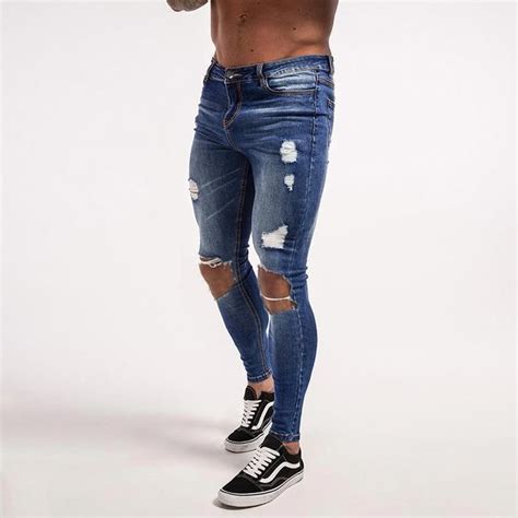 Dark Blue Skinny Ripped Jeans For Men Tight Pant Slim Fit Stretch