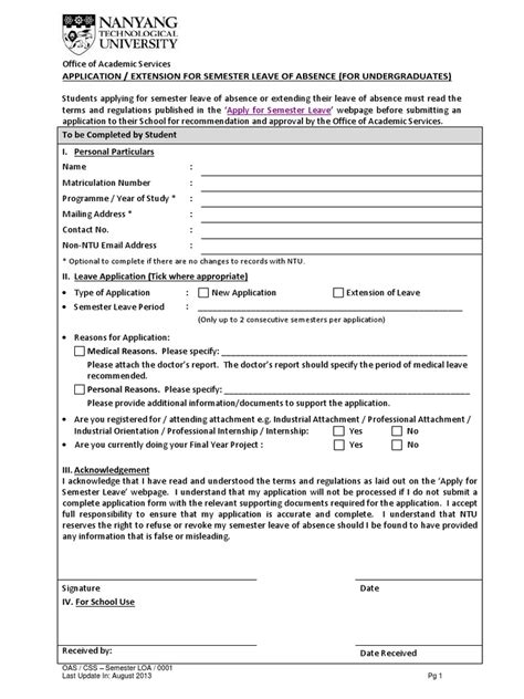 Application for leave of absence. Application or Extension of Semester Leave of Absence Form ...