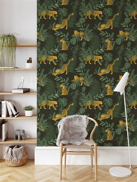 Leopard Jungle Wallpaper Removable Peel And Stick Mural Self Etsy Uk