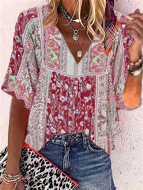 Plus Size Boho Casual Shirts Tops Clothing V Neck Floral A Line
