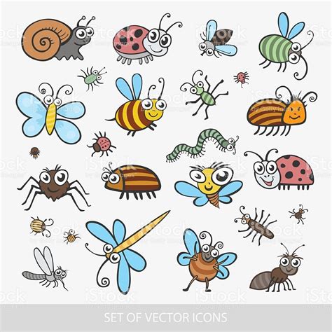 Set Funny Insects Isolated Flat Vector Icon Royalty Free Stock Vector