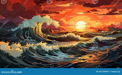 Fiery Sunset Reflected In The Ocean Waves Generative Ai Stock Photo