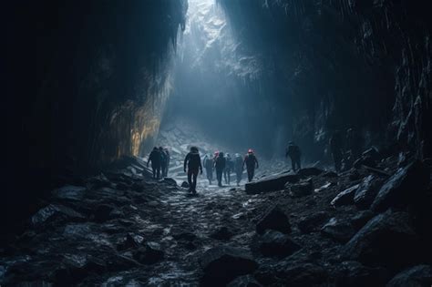 Premium Ai Image Unrecognizable People Hiking In Underground Cave