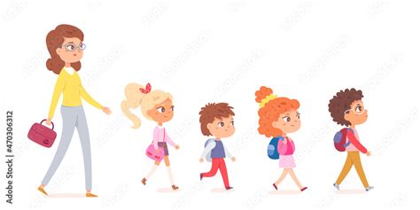 Teacher And Children Walk In Line Together Outdoor Safe School Or