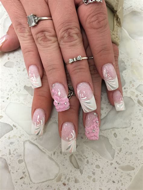 Pink And White 3d Flower Glitter Anc Nail Art Nail Design French Tip