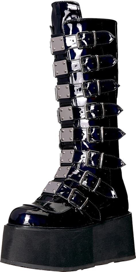 demonia women s damned 318 knee high boot black hologram vegan leather 8 m us