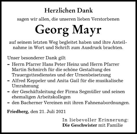 Traueranzeigen Von Georg Mayr Augsburger Allgemeine Zeitung