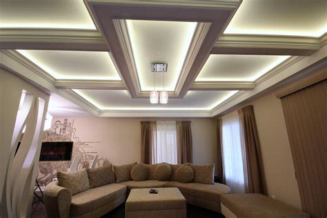 The detail of the coffered ceiling can add interest, mirroring other interesting details in the room, or providing a. Coffered Ceiling Lighting Image | False ceiling living ...