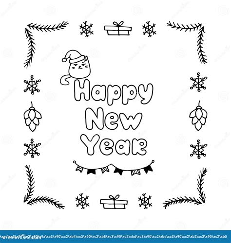 Happy New Year Postcard With A Cat In The Style Of A Doodle Stock