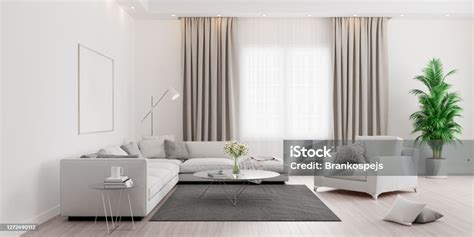 Modern Living Room Interior Design With Green Plant 3d Render Stock