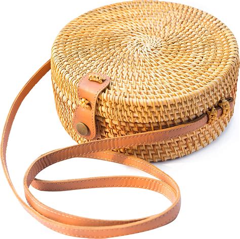 Natural Neo Handwoven Round Rattan Bag Shoulder Leather Straps Natural