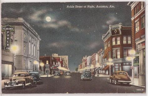 Anniston Alabama Linen Postcard Noble Street At Night