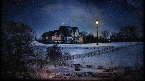 House Lights Nature Trees Forest Night Winter Snow Hills Fence