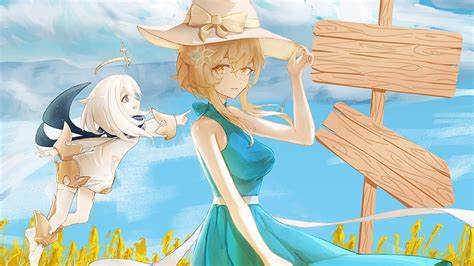 Lumine Blue Dress With Hat And Paimon In Blue Sky Background Genshin