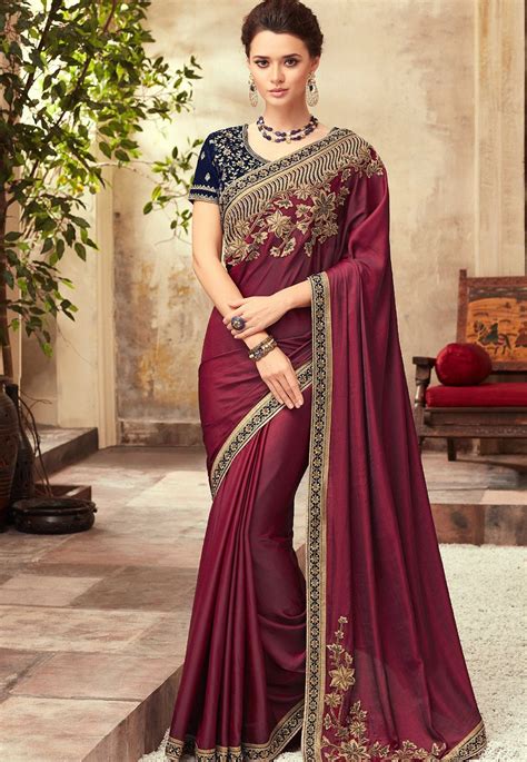 Wine And Blue Satin Georgette Party Wear Saree With Border 22003 Party Wear Sarees Saree