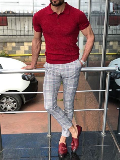 Burgundy Slim Fit Polo Shirt Claret Red Plaid Pants And Burgundy
