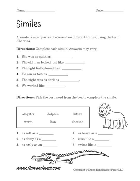 similes worksheet  tims printables