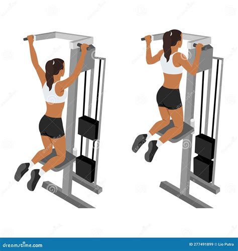 Woman Doing Pull Ups Exercise Machine Or Assisted Pull Up Stock