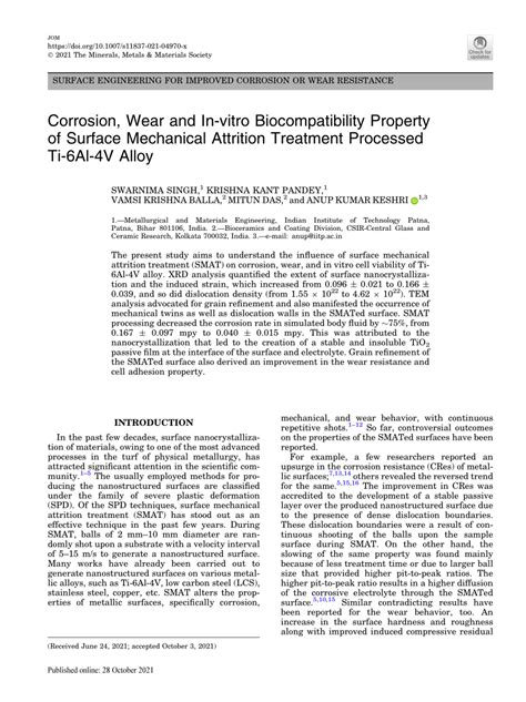 Pdf Corrosion Wear And In Vitro Biocompatibility Property Of Surface