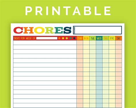 Weekly Chore Chart Colorful Printable Pdf Etsy