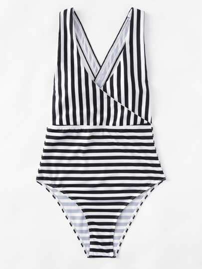 Cross Back Striped Swimsuit SheIn Sheinside