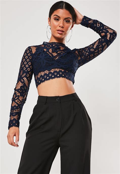 Navy Lace Long Sleeve Crop Top Missguided