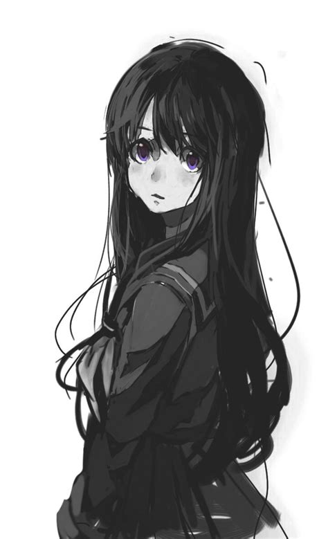 Anime Girl Black And White With Purple Eyes We Heart It