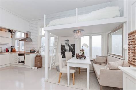 Design ideas for a contemporary mezzanine bedroom in london with white walls, carpet and beige floors. 25 Adult Loft Bed Ideas for Small Rooms and Apartments