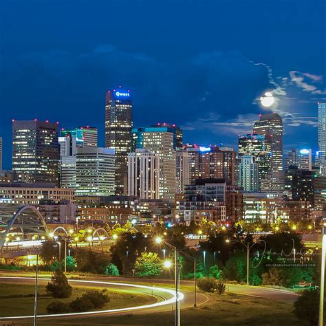 Photo Of Denver Night Skyline Full Moon And 16th Street Bridge