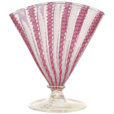 Murano White Pink Aventurine Ribbons Italian Art Glass Fan Shaped Flower Vase For Sale At 1stdibs