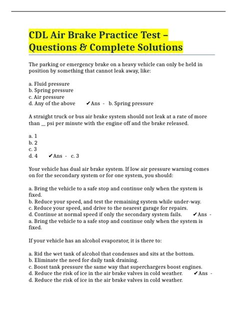 Cdl Air Brake Practice Test Questions Complete Solutions Cdl Air