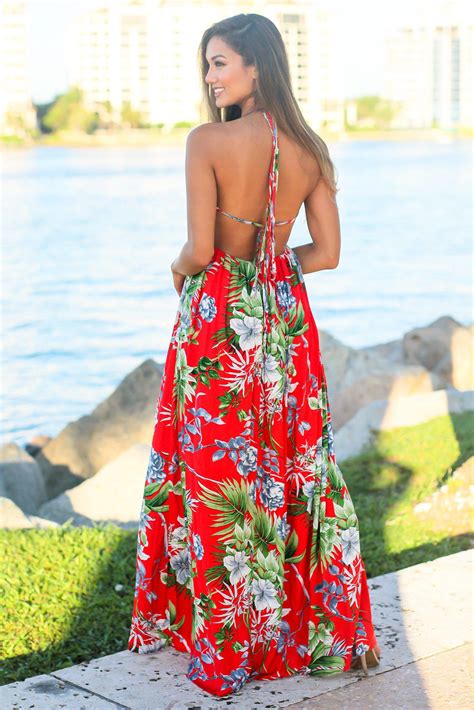 Red Tropical Halter Neck Maxi Dress Maxi Dresses Saved By The Dress