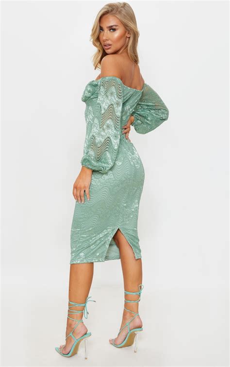 Sage Green Lace Long Sleeve Bardot Midi Dress Prettylittlething Ie