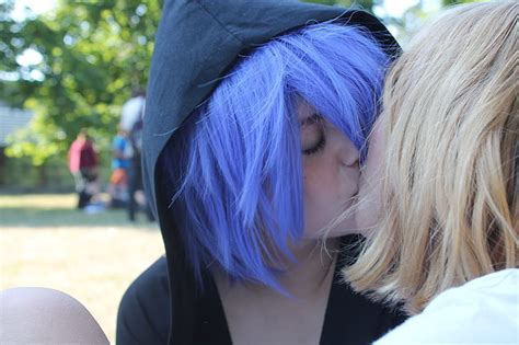 Royalty Free Photo Two Female Cosplayer Kissing Wearing Black Hoodie Pickpik