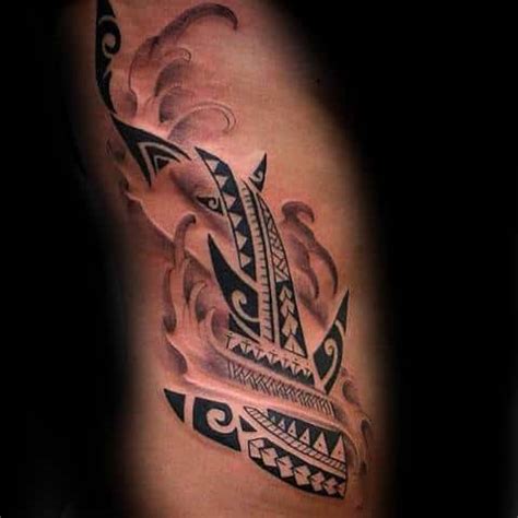 Tribal wave tattoos on left shoulder. 50 Tribal Shark Tattoo Designs For Men - Sea-Dweller Ideas