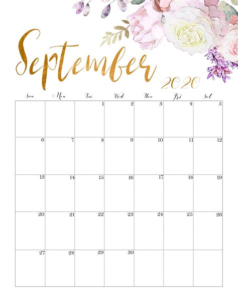 Floral September 2020 Calendar September Calendar Calendar