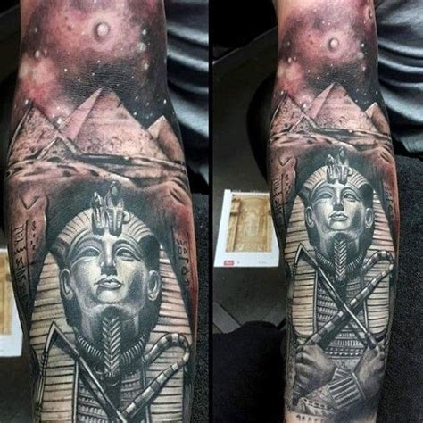 Mens Full Sleeve Tattoo Of King Tut With Ancient Egyptian Pyramids Mens