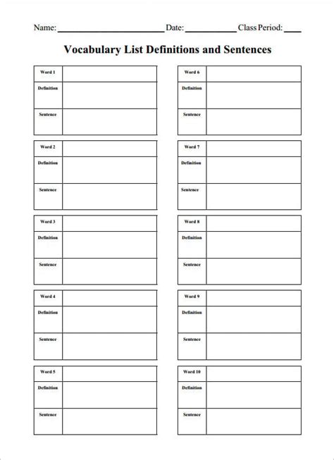 Printable Blank Vocabulary Worksheet Template Free Printable Templates