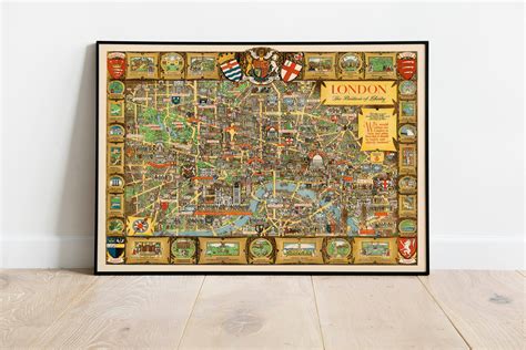 Detailed Pictorial Street Map Of London Vintage Map Wall Etsy