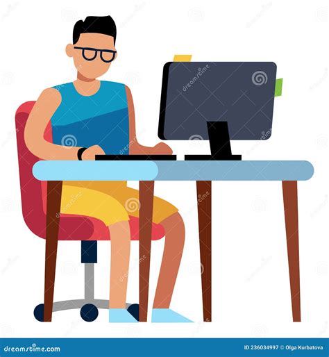 Man Sitting At Desk Guy Working On Computer Stock Vector