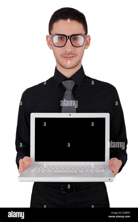 Young Man With Glasses Holding Laptop Stock Photo Alamy