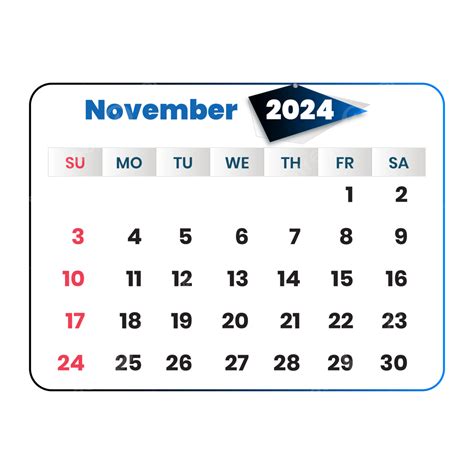 Diseño De Calendario De Un Solo Mes De Noviembre De 2024 Vector Png