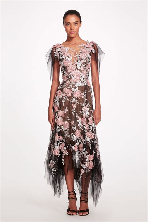 Marchesa Floral Embroidered Tulle Midi Dress Modesens