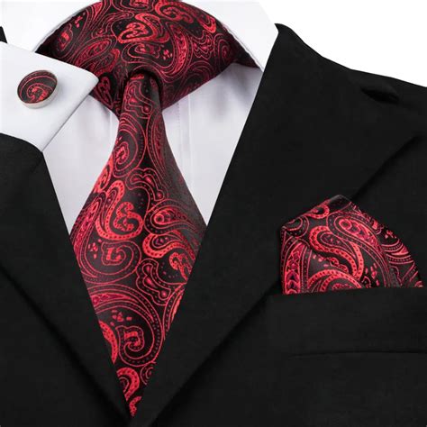 2017 Fashion Redandblack Paisley Tie Hanky Cufflinks Silk Necktie Ties