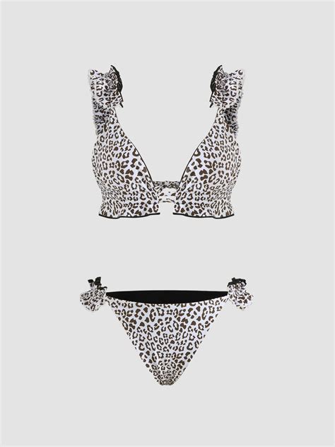 Leopard Print Triangle Ruffle Bikini Set Cider