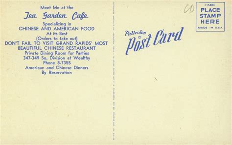 Tea Garden Cafe Postcard, Back | History Grand Rapids