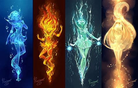 Free Download Hd Wallpaper Water Fire Earth And Air Elements Illustration Light Girls
