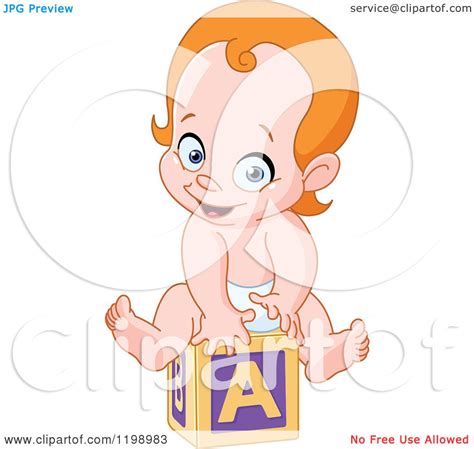 Cartoon Of A Happy Red Haired Caucasian Baby On An Alphabet Block
